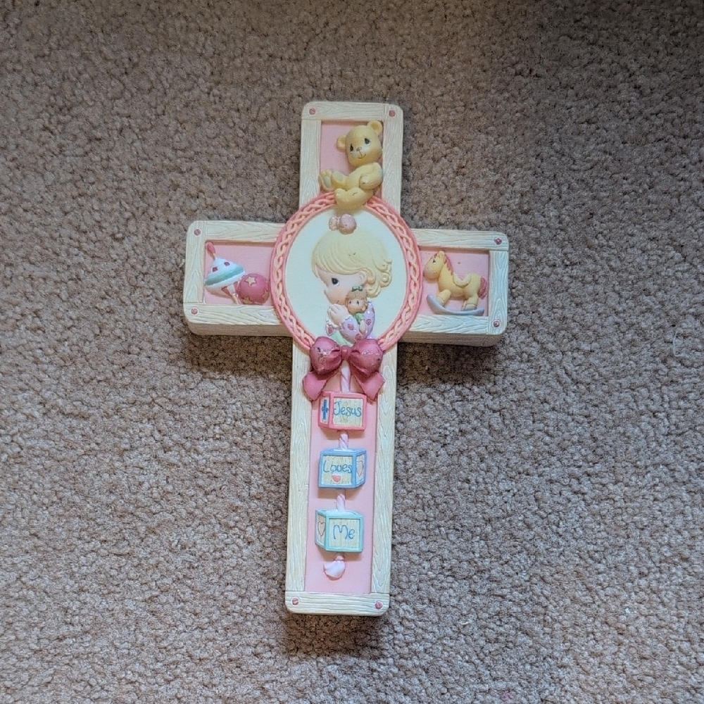 Precious Moments Pink and Cream Cross with Bear and Girl